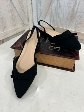 TOP Moda Black Pointed Bow Slingback Flats
